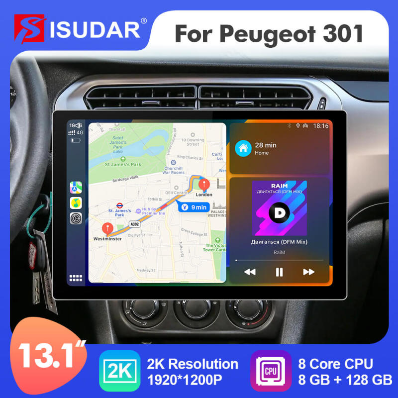 ISUDAR 2K 13.1 Inch 8 Core Android 10 Car Radio For Citroen/Elysee/Peugeot 301 2013 2014-