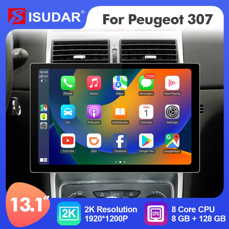 ISUDAR 2K 13.1 Inch 8 Core Android 10 Car Radio For PEUGEOT 307 SW 307 2002 - 2013 Auto