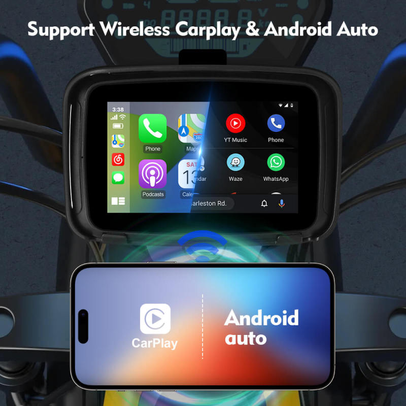 Wireless Apple Portable Carplay Motorcycle Android Auto, 5'' IPS Touch Screen for Motorcycle GPS Navigator Google Assistant