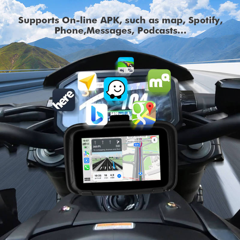 Wireless Apple Portable Carplay Motorcycle Android Auto, 5'' IPS Touch Screen for Motorcycle GPS Navigator Google Assistant