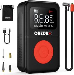 GREPRO Tire Inflator Portable Air Compressor, 160 PSI Portable Air Pump with Digital Pressure Gauge, LED Light, and Multiple Adapters for Car, Motorcycle, Bicycle, and Other Inflatables