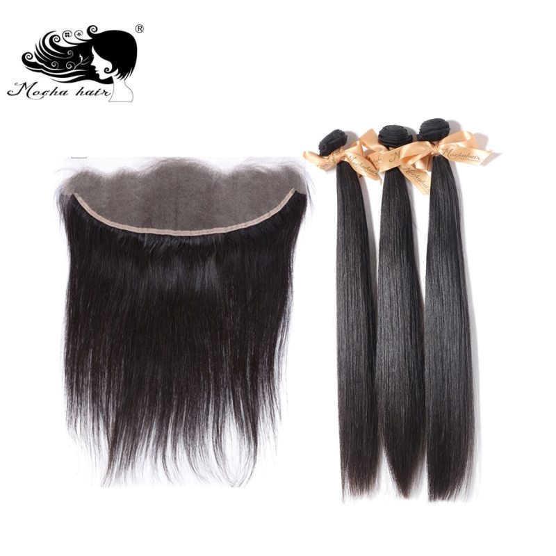 MOCHA Hair 10A Brazilian Straight Virgin Hair 3pcs with 1pcs Lace Frontal Closure 13*4 Bleached Knot 100% Human Hair