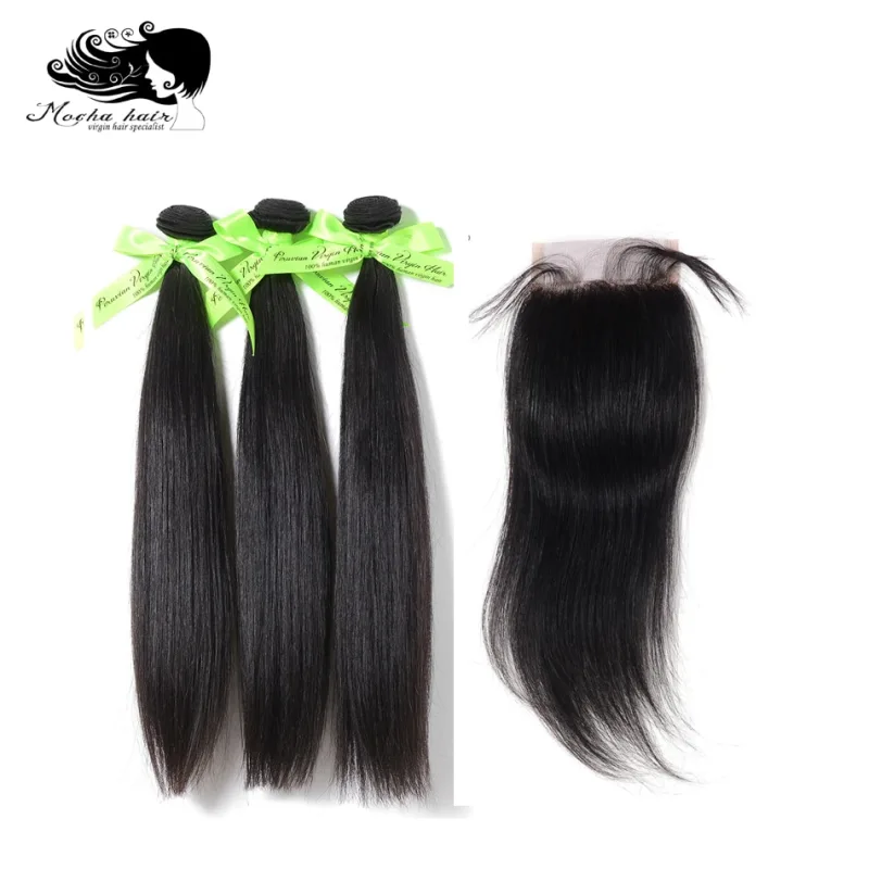 MOCHA Hair 10A Peruvian Straight Hair Extension 3 Bundles with 4X4 or 13x4 Lace Closure Virgin  Human Hair Weave Bundles