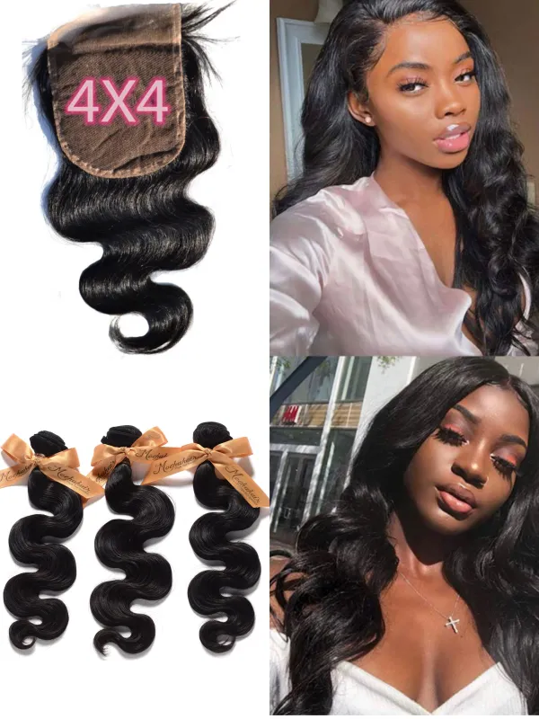 MOCHA Hair  10A Brazilian Virgin Hair Body Wave  3 Bundles With One 4* 4 or 13*4 Lace Closure 100% Human Hair Free shipping