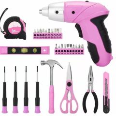 GM-PK098 98 Piece Lady Pink Hand Tool Set with Cordless Drill in Plastic Toolbox Storage Case