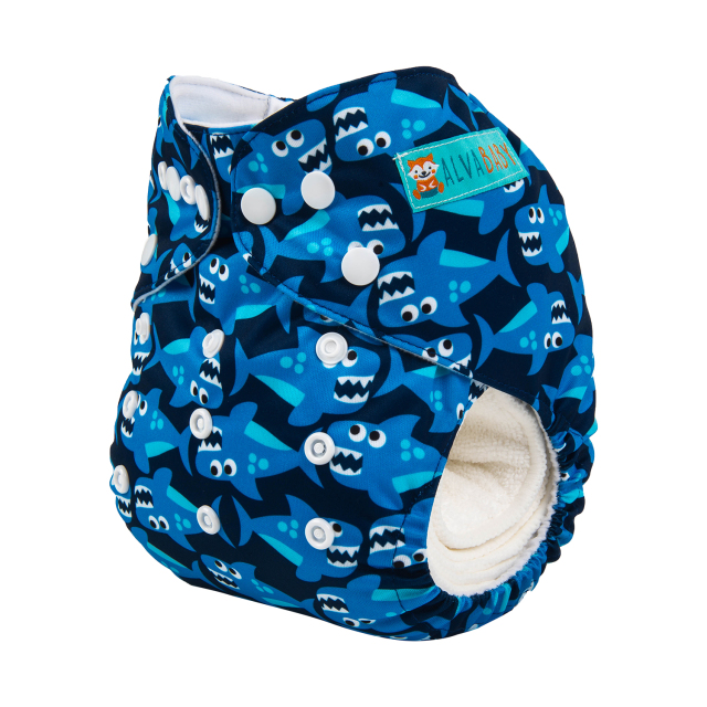 ALVABABY One Size Print Pocket Cloth Diaper -Blue Sharks(H-YK47A)