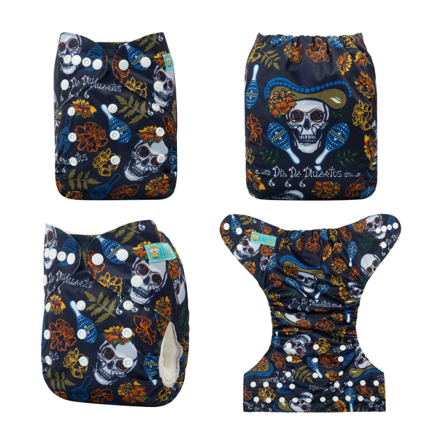 ALVABABY One Size Positioning Printed Cloth Diaper -Skull and flowers, leaves (YDP53A)