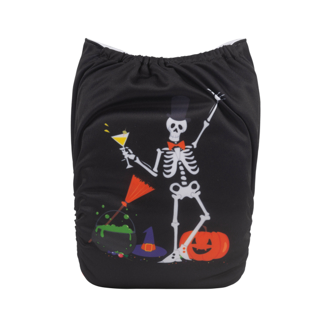 ALVABABY Halloween One Size Positioning Printed Cloth Diaper -Skeleton and pumpkin(QD60A)