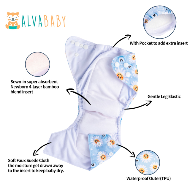 Newborn all In One Diaper with Pocket Sewn-in one Newborn 4-layer Bamboo blend insert-Flowers(SAO-H433A)