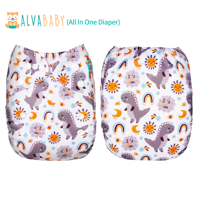 All In One Diaper with Pocket Sewn-in one 4-layer Bamboo blend insert- Dinosaur(AO-ED13A)
