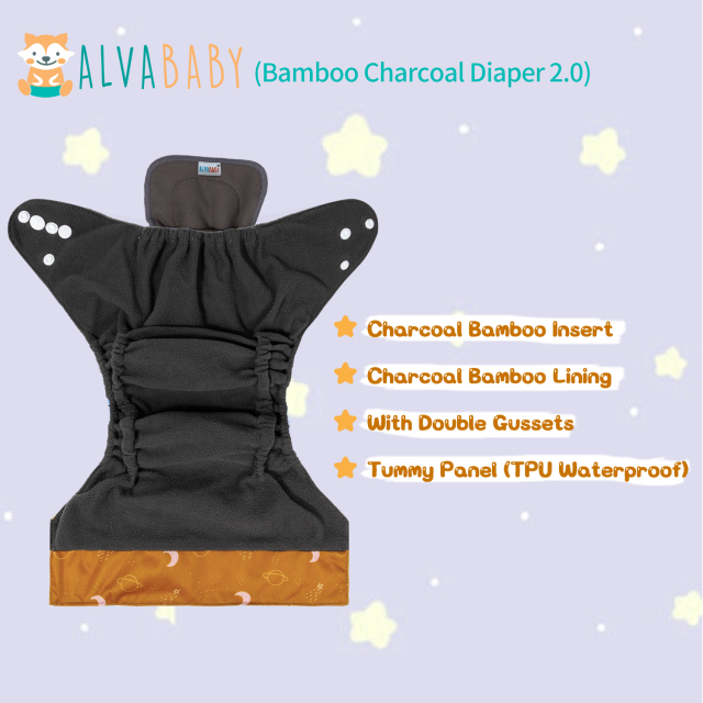 ALVABABY Double Gussets Bamboo Charcoal Diaper  with one 4-layer Charcoal Insert  (CHG-H443A)