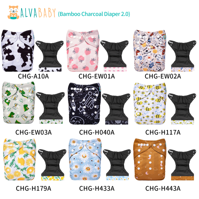 (All patterns) ALVABABY Double Gussets Bamboo Charcoal Diaper  with one 4-layer Charcoal Insert