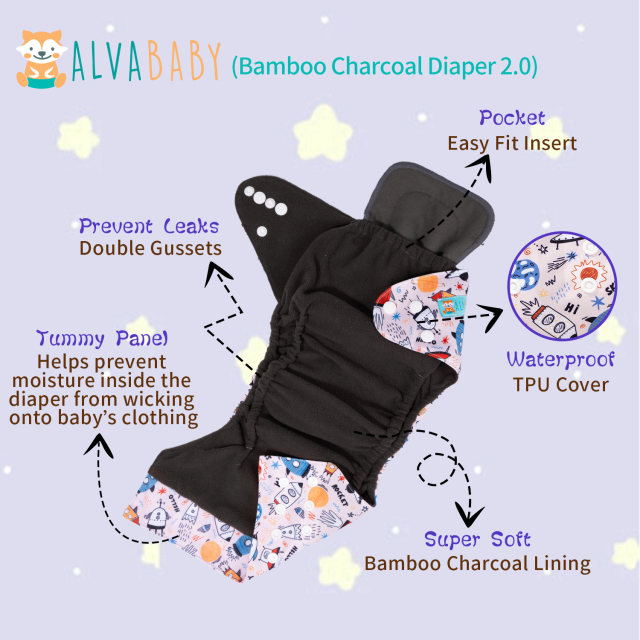 ALVABABY Bamboo Charcoal Cloth Diaper 2.0 with Double Gussets and Tummy Panel Each with 4-layer Charcoal Blend Insert -Rocket  (CHG-EW02A)