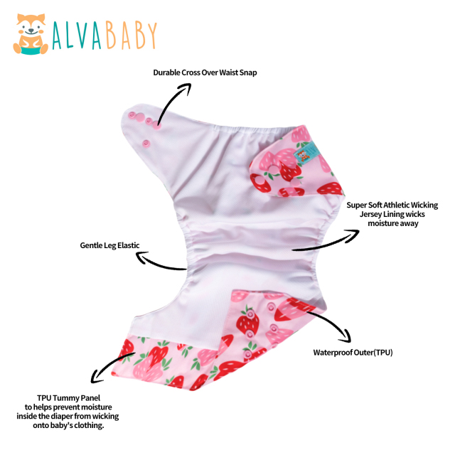 ALVABABY AWJ Lining Cloth Diaper with Tummy Panel for Babies -Strawberry(WJT-H037A)