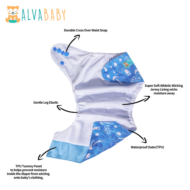 ALVABABY AWJ Lining Cloth Diaper with Tummy Panel for Babies -Mushroom(WJT-YDP215A)