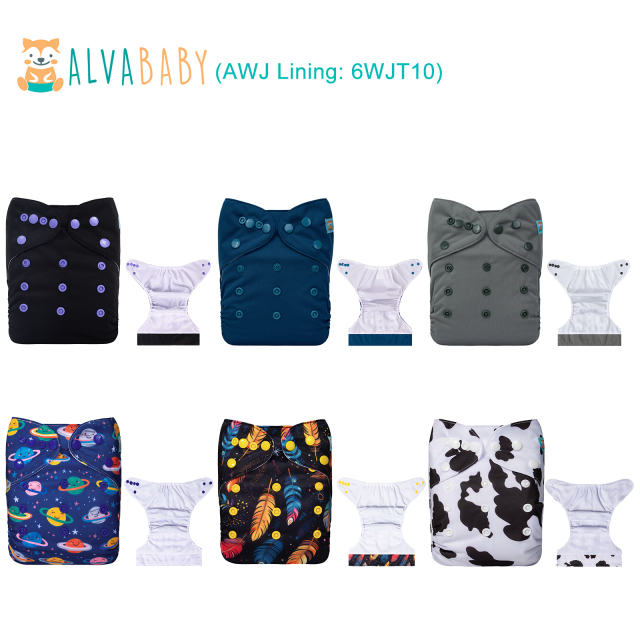 (All packs) ALVABABY 6PCS AWJ Diapers with Tummy Panels with 6PCS 4-layer-bamboo-inserts