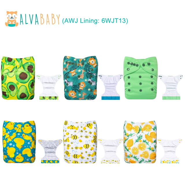 (All packs) ALVABABY 6PCS AWJ Diapers with Tummy Panels with 6PCS 4-layer-bamboo-inserts