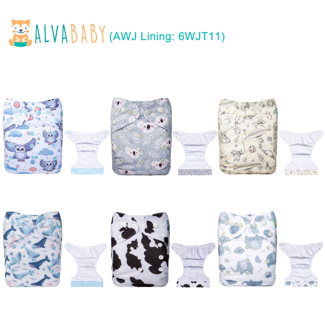 (All packs) ALVABABY 6PCS AWJ Diapers with Tummy Panels with 6PCS 4-layer-bamboo-inserts