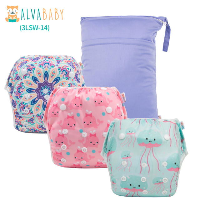 ALVABABY 3pcs Baby Swim Diapers with 1pcs Wet Bag Reuseable Washable Adjustable for Swimming Lesson & Baby Boy and Girl