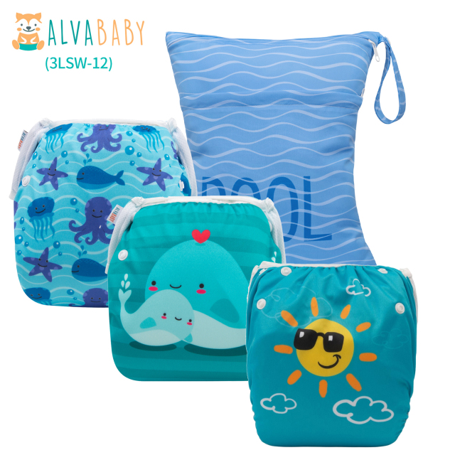 ALVABABY 3pcs Baby Swim Diapers with 1pcs Wet Bag Reuseable Washable Adjustable for Swimming Lesson & Baby Boy and Girl