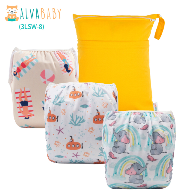 ALVABABY 3pcs Baby Swim Diapers with 1pcs Wet Bag Reuseable Washable Adjustable for Swimming Lesson & Baby Boy and Girl