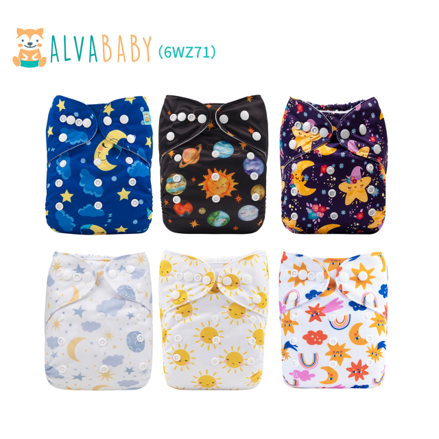 (All Packs)Baby Cloth Diapers 6 Pack with 12pcs 4-Layer Bamboo Inserts One Size Adjustable Washable Reusable for Baby Girls and Boys