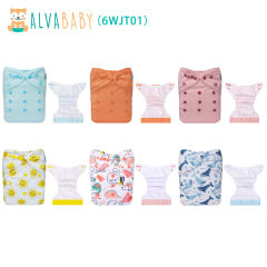 (All packs) ALVABABY AWJ Cloth Diapers 6 Pack with 6pcs 4-Layer-Bamboo-Inserts One Size Adjustable Washable Reusable Pocket Cloth Diapers for Baby Boys and Girls