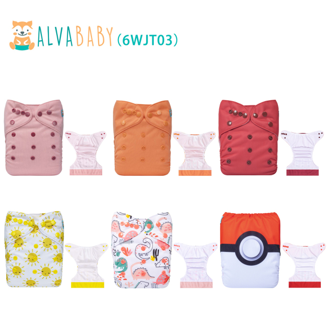 (All packs) ALVABABY AWJ Cloth Diapers 6 Pack with 6pcs 4-Layer-Bamboo-Inserts One Size Adjustable Washable Reusable Pocket Cloth Diapers for Baby Boys and Girls