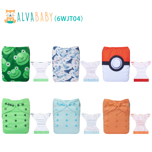 (All packs) ALVABABY AWJ Cloth Diapers 6 Pack with 6pcs 4-Layer-Bamboo-Inserts One Size Adjustable Washable Reusable Pocket Cloth Diapers for Baby Boys and Girls