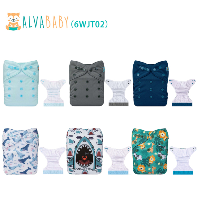 (All packs) ALVABABY AWJ Cloth Diapers 6 Pack with 6pcs 4-Layer-Bamboo-Inserts One Size Adjustable Washable Reusable Pocket Cloth Diapers for Baby Boys and Girls