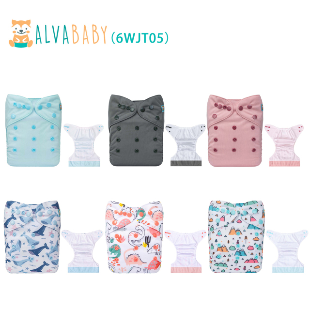 (All packs) ALVABABY AWJ Cloth Diapers 6 Pack with 6pcs 4-Layer-Bamboo-Inserts One Size Adjustable Washable Reusable Pocket Cloth Diapers for Baby Boys and Girls