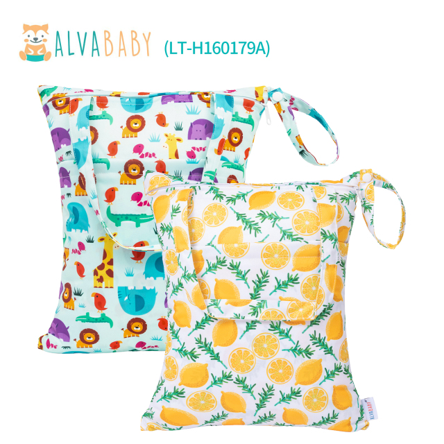 (All packs) ALVABABY 2pcs Cloth Diaper Wet Dry Bags Waterproof Reusable with Two Zippered Pockets Travel Beach Pool Daycare Yoga Gym Bags for Swimsuits or Wet Clothes