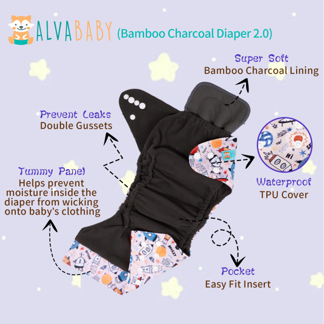 (Multi-Packs) Bamboo Charcoal Cloth Diaper 2.0 with Double Gussets and Tummy Panel Each with 4-layer-Charcoal-Blend Insert
