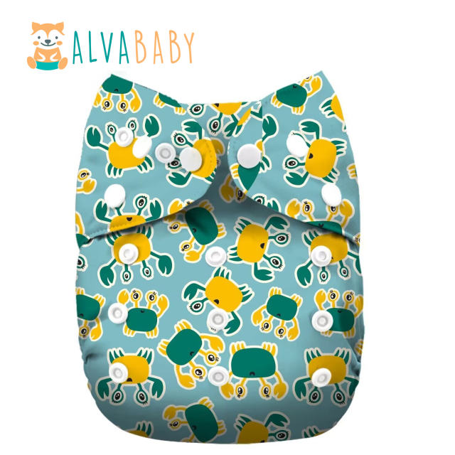 (All patterns) AWJ Cloth Diaper with Tummy Panel come with 4-layers-bamboo insert One Size Reusable Adjustatble Cloth Baby Diapers