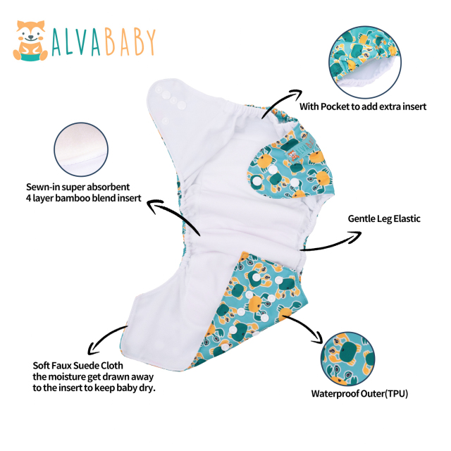 All In One Diaper with Pocket Sewn-in one 4-layer Bamboo blend insert-(AO-BS88A)