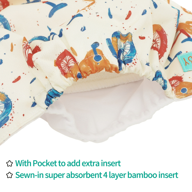 All In One Diaper with Pocket Sewn-in one 4-layer Bamboo blend insert- Bike (AO-ED20A)