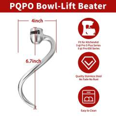 PQPO Stainless Steel Dough Hook Attachment Compatible with KitchenAid 6 Quart Bowl-Lift Stand Mixer