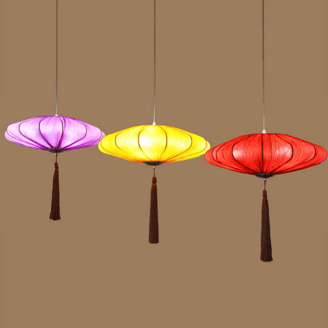 Chinese Style Lantern Pendant Lights 15.7&quot; Fabric Tassels Pendant Lighting Fixtures for Restaurant