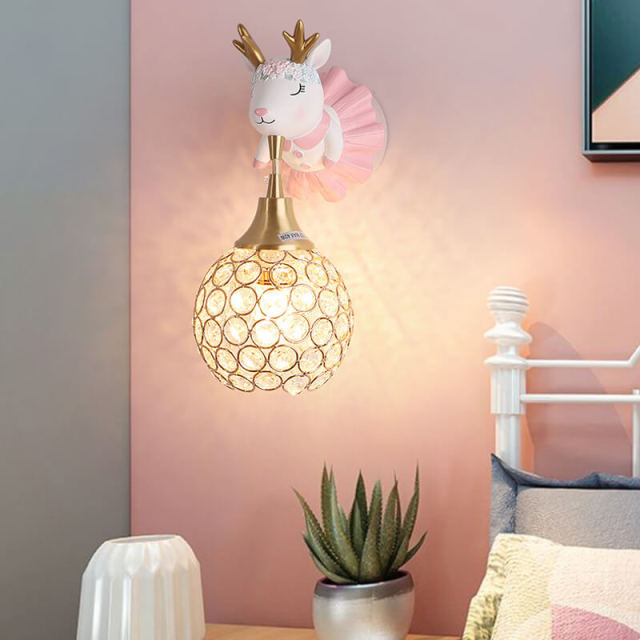OOVOV Kids Room Wall Light - Cartoon Deer Wall Sconce With Gold Crystal Lampshade for Children Bedroom Bedsides Living Room Corridor