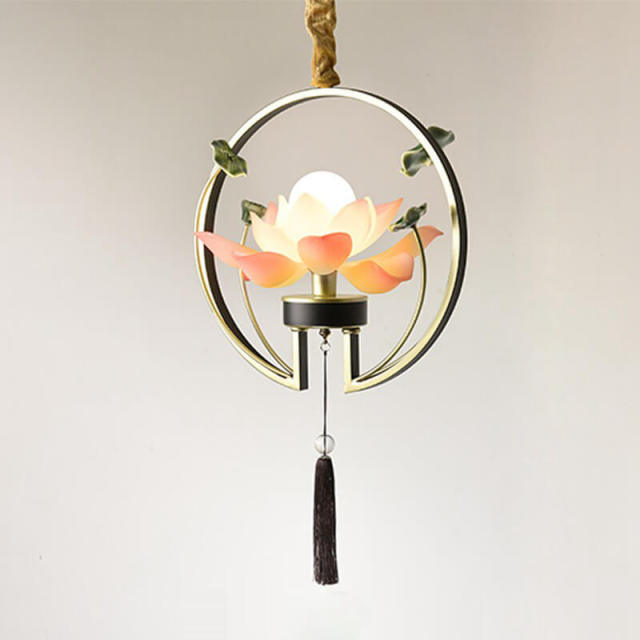 OOVOV Lotus Chandelier Chinese Style Retro Resin Flower Pendant Lighting for Bedroom Bedsides Dining Room Kitchen