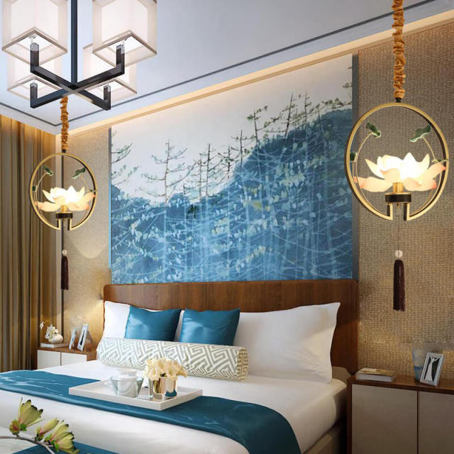 OOVOV Lotus Chandelier Chinese Style Retro Resin Flower Pendant Lighting for Bedroom Bedsides Dining Room Kitchen