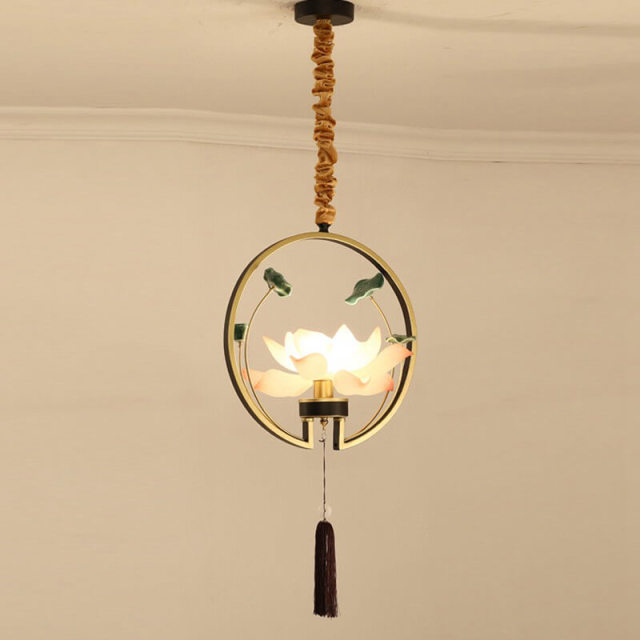 OOVOV Lotus Chandelier Chinese Style Retro Resin Flower Pendant Lighting for Bedroom Bedsides Dining Room Kitchen