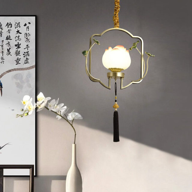 OOVOV 1-Light Pendant Light Chinese Style Lotus Flower Hanging Ceiling Lamp Retro Lighting Fixture and Decoration for Living Room Bedroom Dining Room