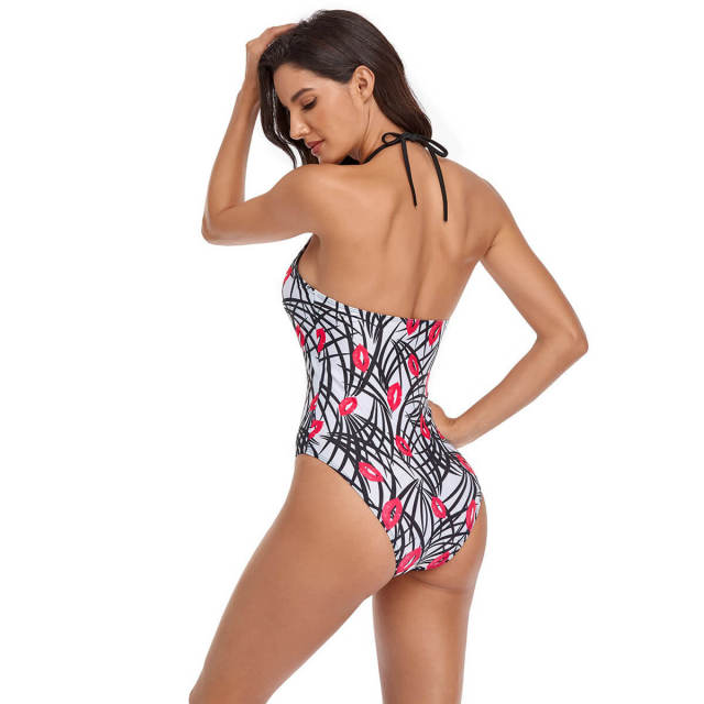 OOVOV Women's Printing V Neck Lace Up One Piece Swimsuit Tummy Control High Cut Bottom Swimwear