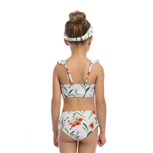 OOVOV Girls Two Piece Swimsuits, Kids Floral Print Bikini Top With Flounced Sleeve, Tropical Beach Bathing Suit for Vacation