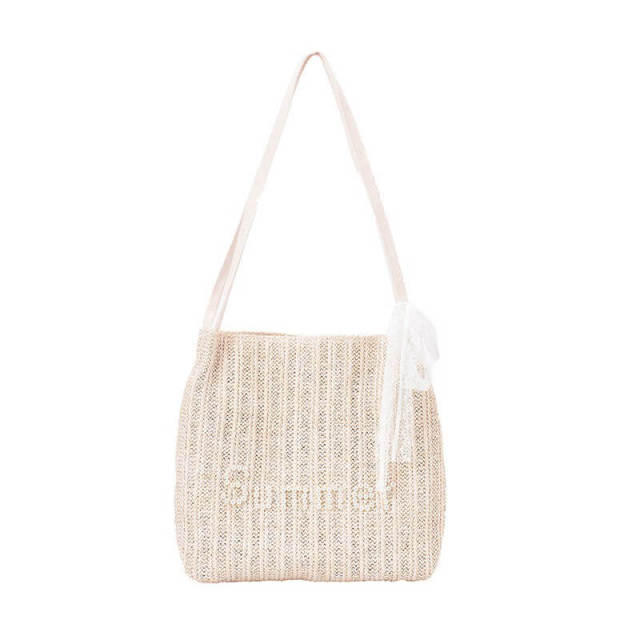 OOVOV Women Straw Beach Bags Tote Bag Summer Handwoven Shoulder Bags With Pearl Letter Lace Decoration