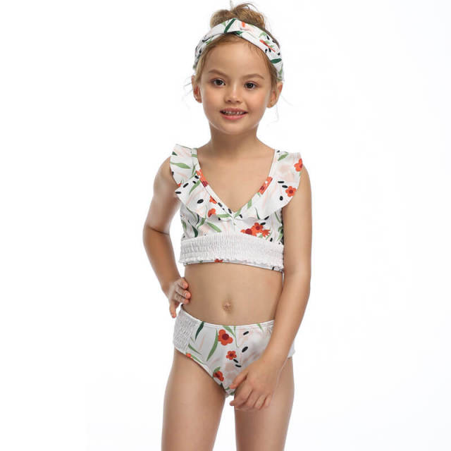 OOVOV Girls Two Piece Swimsuits, Kids Floral Print Bikini Top With Flounced Sleeve, Tropical Beach Bathing Suit for Vacation