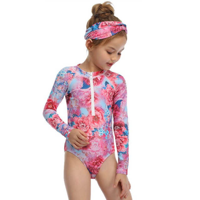 OOVOV Long Sleeve One-piece Children's Swimsuit Printed Cute Sunscreen Bikini Kids Zipper Bathing Suits