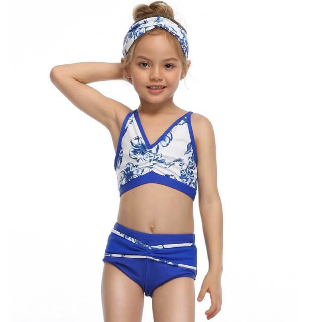 OOVOV Children's Swimwear,Blue Print Two Pieces Swimsuits,Children Girl Sling Summer Beach Bathing Suits