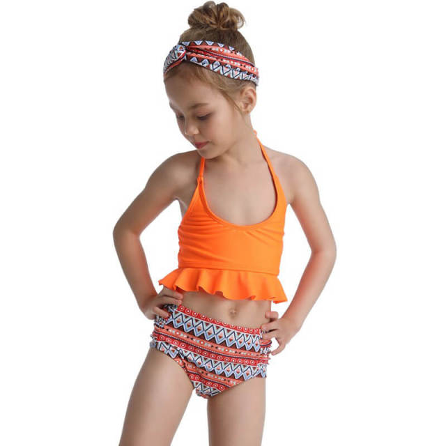 OOVOV Girls Swimsuit High Waisted Printing Bathing Suit Halter Neck Ruffle Bikini Swimwear